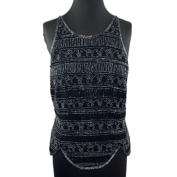VINTAGE Stenay Black Gray Beaded Silk High Neck Tank Sparkle Scalloped VTG XL - Picture 1 of 8